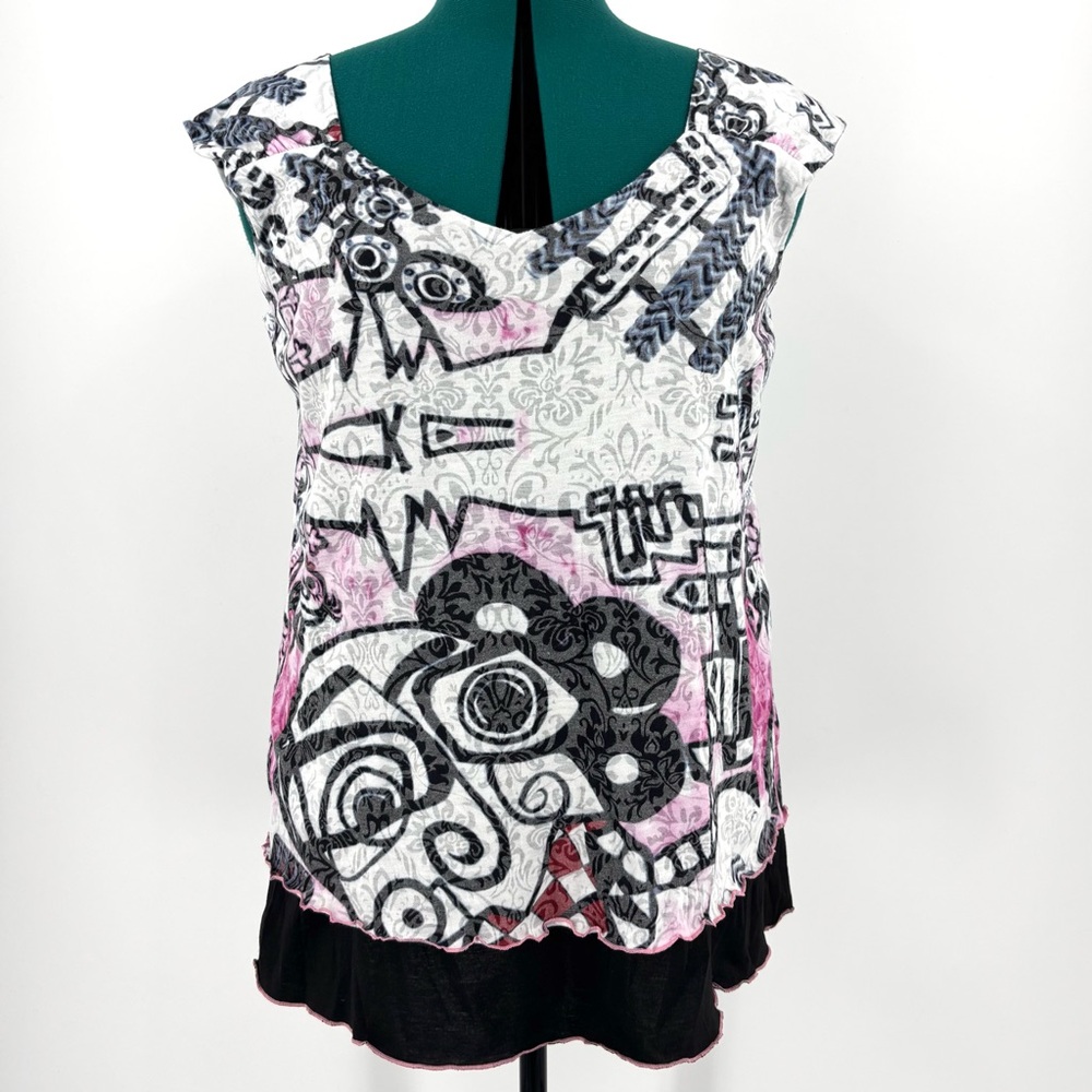 Pasha Pink, White, and Black Abstract Patterned Layered Sleeveless Top, Medium